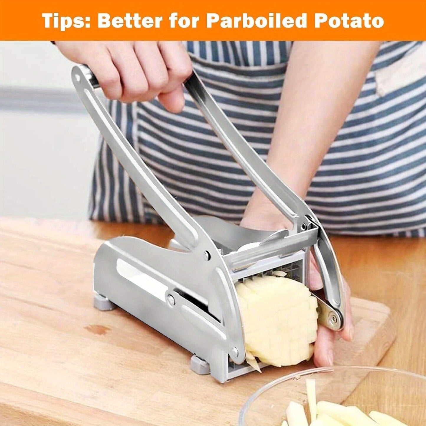 Potato Chipper Cutter Slicer, Potato Fry Cutter, Stainless Steel Potato Cutter, Potato Slicer, Includes 2 Blade Size Cutter Options and No-Slip Suction Base, Perfect for use with Air Fryer