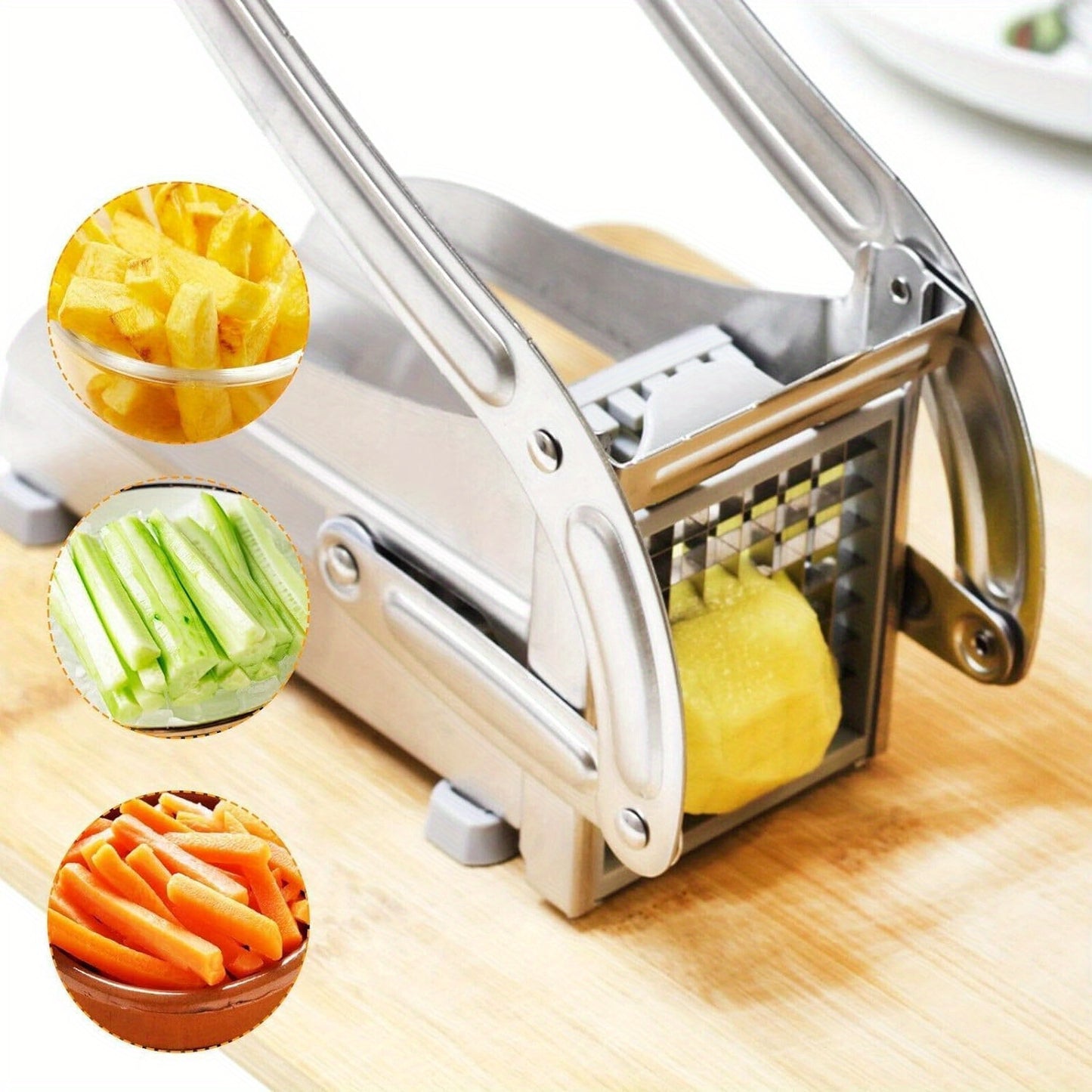 Potato Chipper Cutter Slicer, Potato Fry Cutter, Stainless Steel Potato Cutter, Potato Slicer, Includes 2 Blade Size Cutter Options and No-Slip Suction Base, Perfect for use with Air Fryer