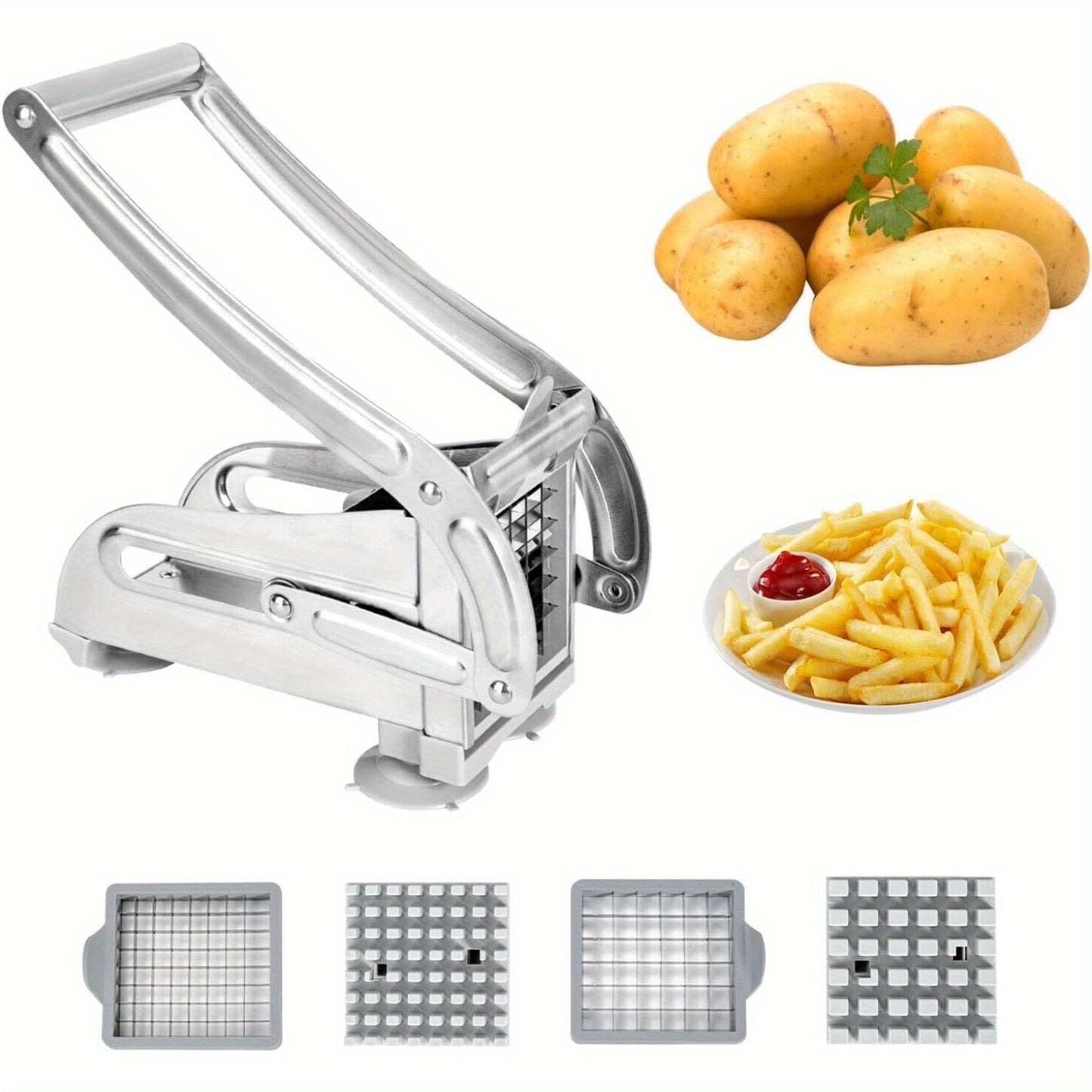 Potato Chipper Cutter Slicer, Potato Fry Cutter, Stainless Steel Potato Cutter, Potato Slicer, Includes 2 Blade Size Cutter Options and No-Slip Suction Base, Perfect for use with Air Fryer