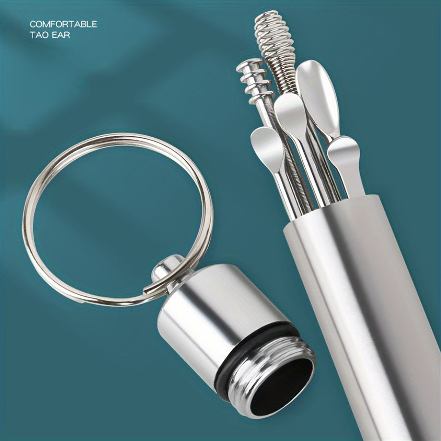 Set Of 6 Stainless Steel Ear Cleaning Tools - Featuring Spiral And Cylindrical Designs, Portable Keychain Set, Suitable For Household Use