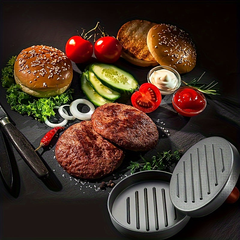 Non-Stick BBQ Grill Press Aluminum 1pc Hamburger Patty Maker with Wood Handle - Durable Material for Perfect Burgers, RV Kitchen Gadget, Uncharged