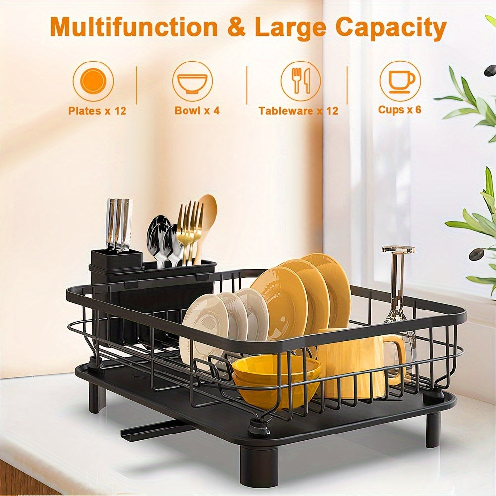 Large Capacity Multifunctional Dish Rack - 1pc Countertop Single Layer Dish Drying Rack With Utensil Holder And Drain Spout - For Kitchen Countertop, Kitchen Organizers And Storage, Kitchen Accessories